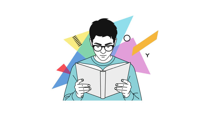 Illustration of a young man with glasses intently reading a book against an abstract geometric background.