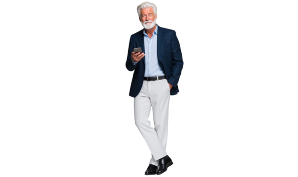 Confident, stylish senior businessman in a smart casual outfit and holding a smartphone