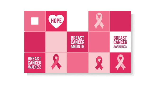 Pink squares with text and ribbons, promoting breast cancer awareness during the month.