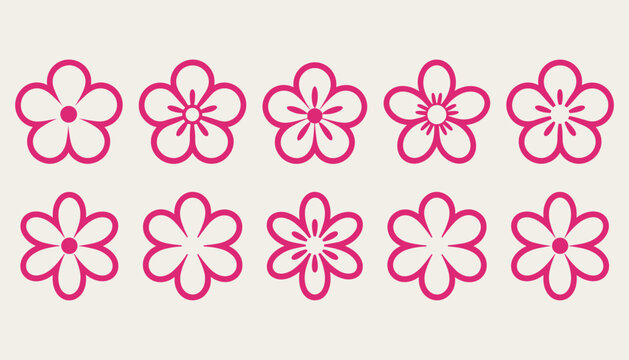 Ten stylized pink flower outlines with five petals each on a light beige background floral