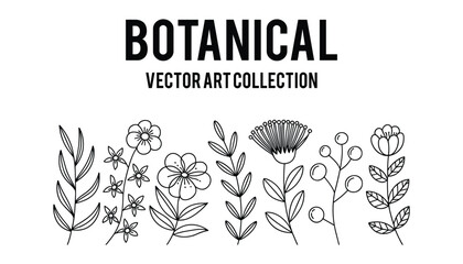 Black and white line art botanical elements collection with text B O T A N I C A L V E C T O R A R T C O L E C T I O N © Tania