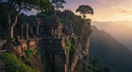 Ancient stone structures rest upon a dramatic precipice overlooking lush mountain ranges during sunset