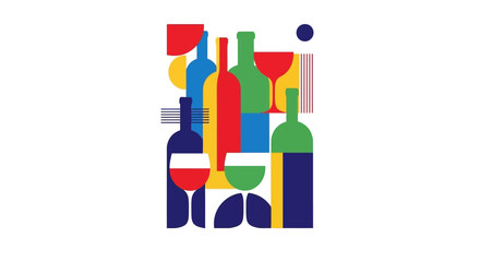 Colorful Composition of Wine Bottles and Glasses Illustration