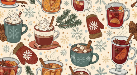 Festive illustration of various warm beverages, including mulled wine and hot chocolate, with seasonal decorations.
