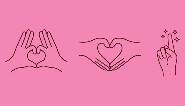 Three hand gestures forming hearts and a pointing finger with sparkles on a pink background hands love