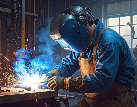 Artisan focused on welding, sparks flying in an industrial setting