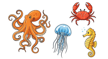 Marine Life Creatures Octopus, Crab, Jellyfish, Seahorse Illustration © akmal