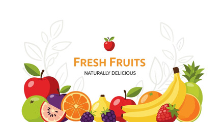 Colorful assortment of fresh, delicious fruits like apples, bananas, and berries on a white background.