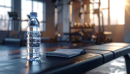 Hydration and Recovery - Water Bottle and Towel at the Gym.