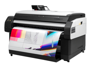 Large Format Printer with Glitch Effect on Background plotter printing isolated on a transparent background