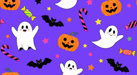 Halloween Seamless Pattern Ghosts, Pumpkins, Bats, Candy on Purple Background
