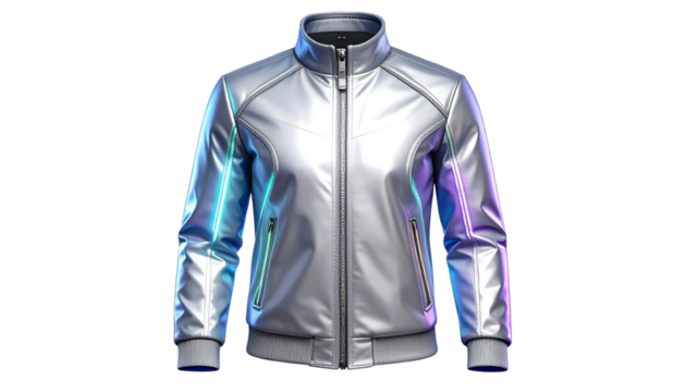 futuristic jacket with metallic silver panels and neon piping, sleek zipper details, isolated on transparent background, PNG format.