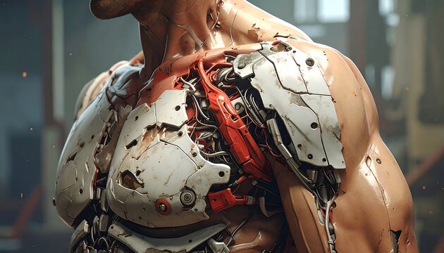 Close-up of a cyborg chest with metallic plates and exposed internal mechanics. The design suggests a blend of human and machine