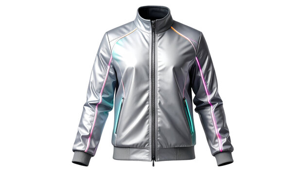 Realistic futuristic jacket with metallic silver panels and neon piping, sleek zipper details, isolated on transparent background, PNG format