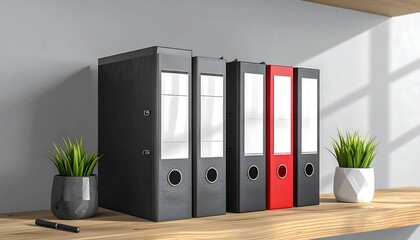 Organized Office - Ring Binders and Plants on Wooden Shelf.