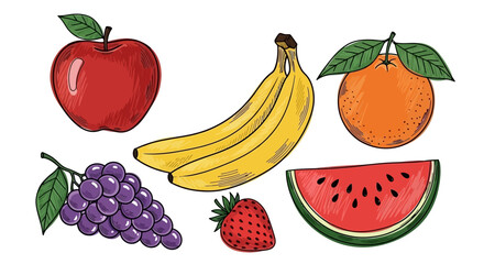 A colorful hand-drawn illustration set of various fresh fruits including an apple, banana, orange, grapes, strawberry, and a slice of watermelon.