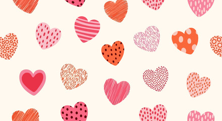 A charming and whimsical pattern featuring a variety of hand-drawn hearts in shades of pink and orange against a cream background.