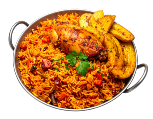 jollof rice with chicken and fried plantain isolated on transparent png