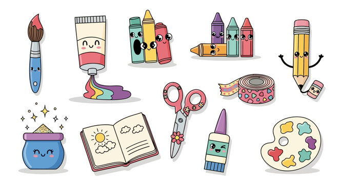 Cute School Supplies Cartoon Illustrations Crayons, Paintbrush, Pencil, and Palette
