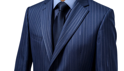 men’s tailored suit with subtle pinstripe and slim-fit cut, deep navy blue fabric with reflective sheen, isolated on transparent background, PNG format
