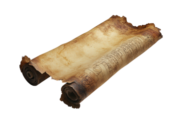 An ancient scroll isolated on transparent background, featuring aged parchment and rolled ends, evoking a sense of history, mystery, and the passage of time