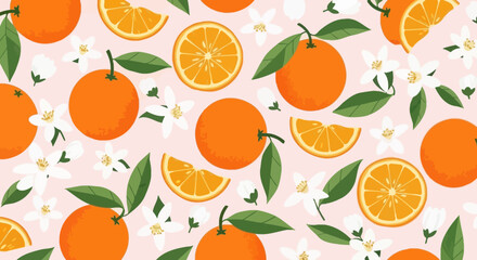 Orange fruit pattern with flowers and leaves on a light pink background.