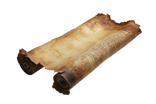 An ancient scroll isolated on transparent background, featuring aged parchment and rolled ends, evoking a sense of history, mystery, and the passage of time