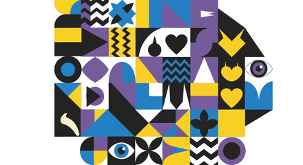 Abstract geometric portrait illustration with shapes in yellow, blue, purple, and black, forming a human head with symbolic elements.