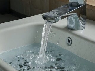 Invigorating stream of water flowing from a modern chrome faucet fills a pristine white sink, offering cleansing refreshment and promoting hygiene awareness