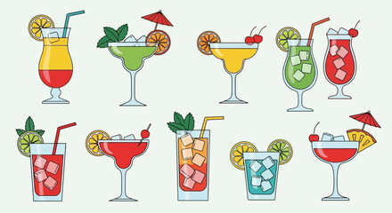 A collection of ten colorful summer cocktails and tropical drinks in various glasses with garnishes.