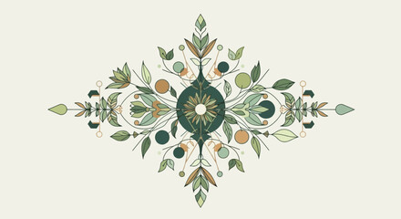 A symmetrical botanical illustration featuring intricate leaves, berries, and abstract floral elements in a decorative diamond shape, rendered in muted natural tones.