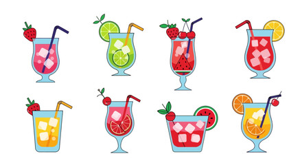 Colorful vector illustration of various summer cocktails with fruit garnishes and straws, isolated on white background.