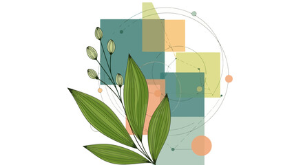 Elegant botanical illustration with green leaves against abstract geometric shapes and lines on a white background.
