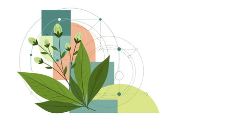 Abstract illustration of green leaves and buds with geometric shapes and connecting lines, symbolizing growth and nature.
