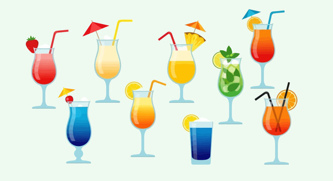 A vibrant collection of nine colorful tropical cocktails, each garnished with fruit and umbrellas, set against a light green background. - Powered by Adobe