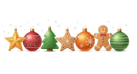 A collection of various Christmas ornaments, including stars, balls, a tree, and a gingerbread man.