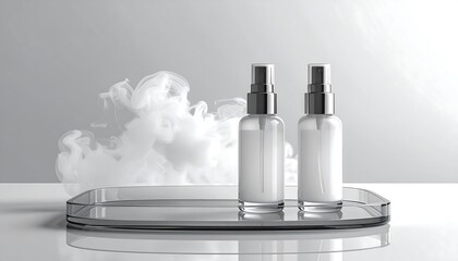 Minimalist Skincare - Two Bottles on a Tray with Vaporous Background.