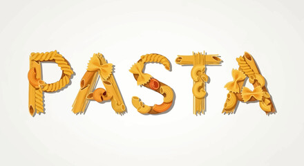 The word PASTA spelled out with an assortment of different dry pasta shapes on a white background.
