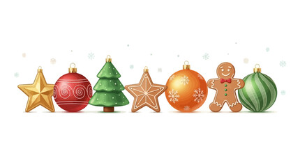 A festive collection of Christmas ornaments including stars, baubles, a gingerbread man, and a Christmas tree.