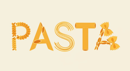 The word PASTA creatively spelled out using an assortment of different pasta shapes and types on a minimalist, light beige background.