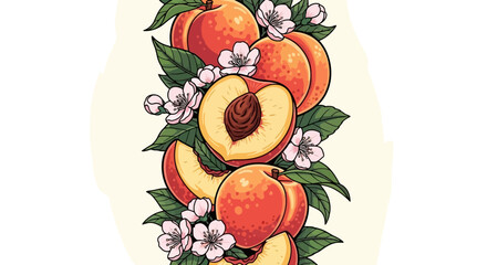 A vibrant illustration showcasing a collection of ripe peaches, blossoms, and lush green leaves.