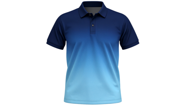 men’s short-sleeve polo shirt with gradient ombre effect in ocean blue, isolated on transparent background, PNG forma