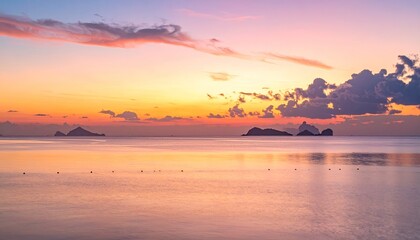 Serene Ocean Sunset Sky with Pastel Hues Reflecting on Calm Water Surface with Distant Islands Silhouetted Against the Horizon