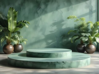 Stunning presentation platform with vibrant green marble texture and lush plants, perfect for showcasing luxury products in a modern, elegant style now