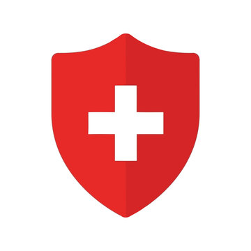 Red medical shield with white cross icon, health care protection, insurance security symbol