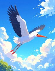 Stork soaring through a vibrant blue sky with fluffy clouds, anime style.