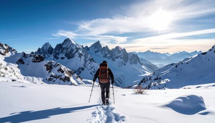Hiker in Snowy Mountains.