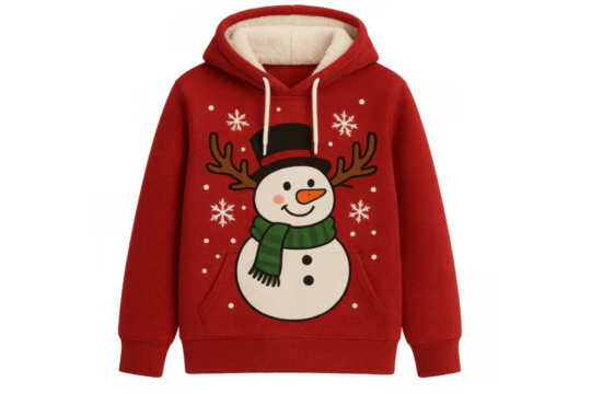 Red hoodie featuring a cheerful snowman design with antlers, wearing a top hat and green scarf, surrounded by falling snowflakes, winter holiday clothing, isolated