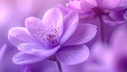 Soft Focus Close Up Of Delicate Purple Anemone Flower With Dew Drops In Morning Light