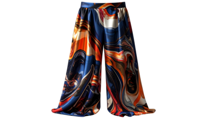 high-waist palazzo pants with silk finish and bold abstract print, flowy silhouette, isolated on transparent background, PNG format
